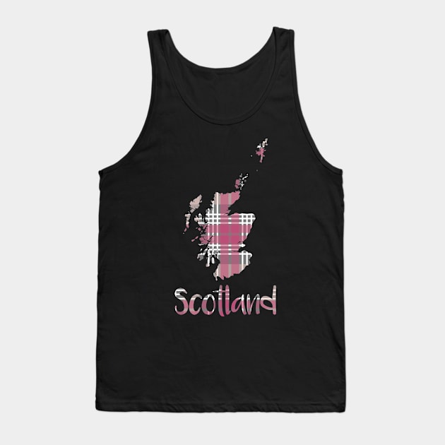 Scotland Pink, White and Grey Tartan Map Typography Design Tank Top by MacPean